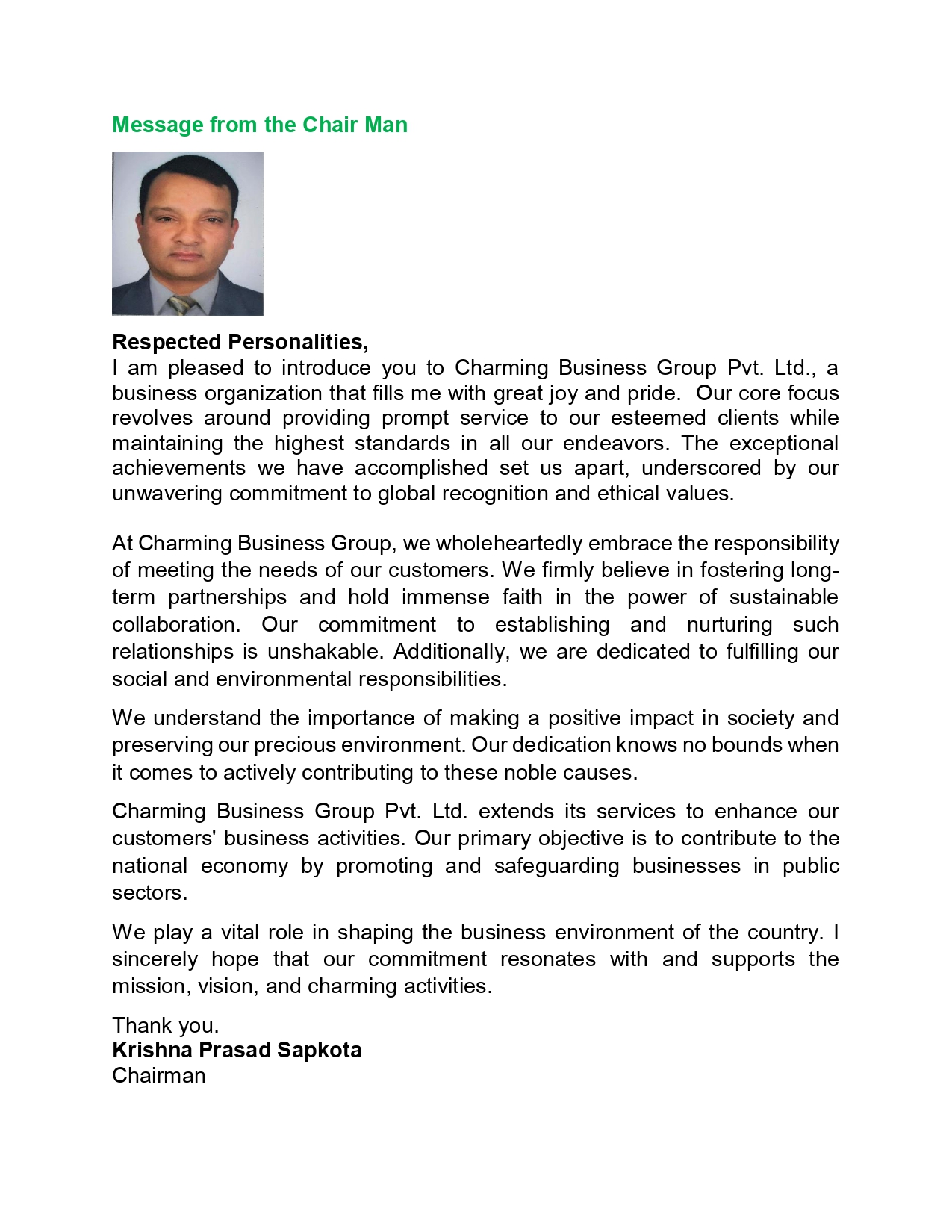 Message of the Chairman